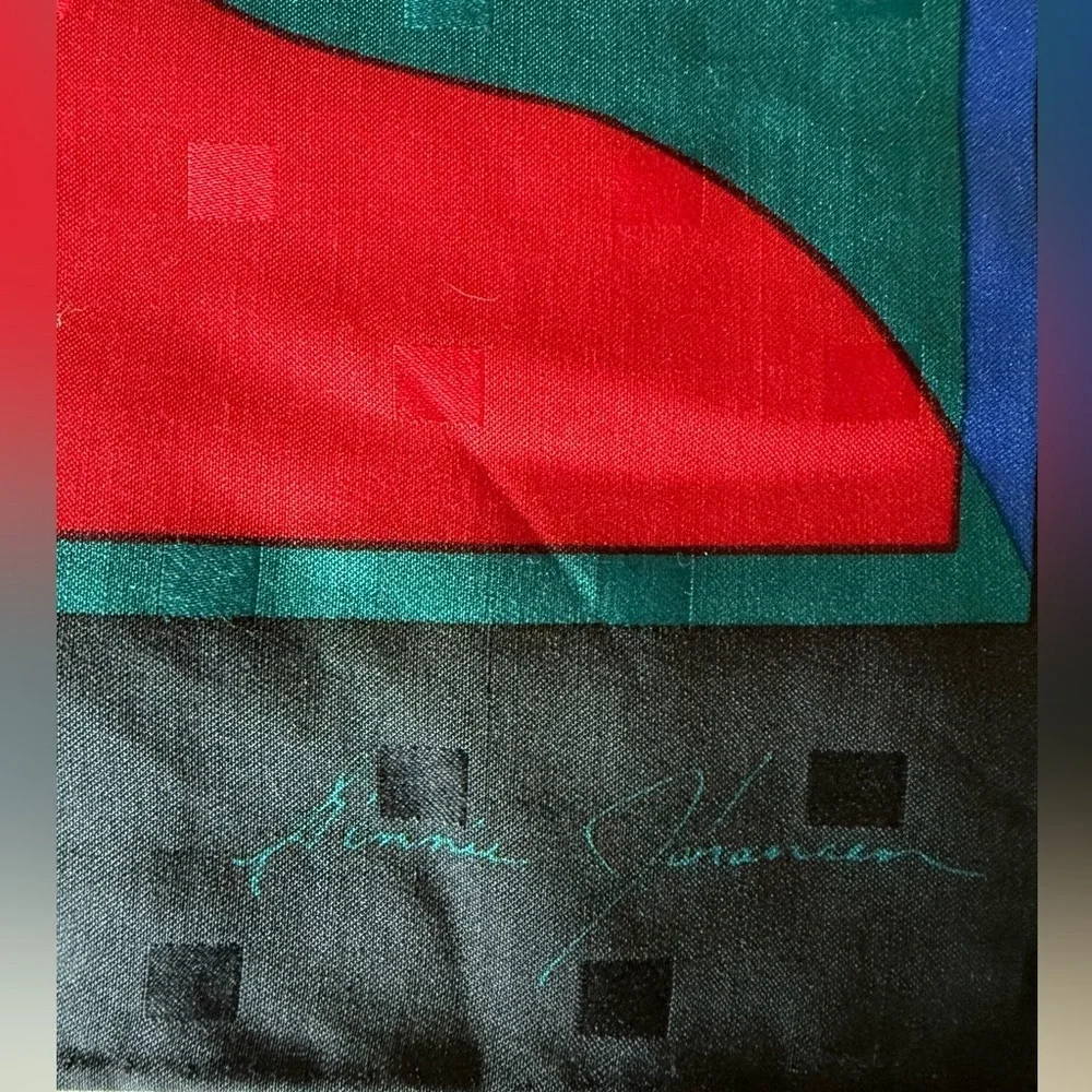Ginnie Johansen Vintage Silk Scarf 35” Black Blue Green Red Rolled Edges